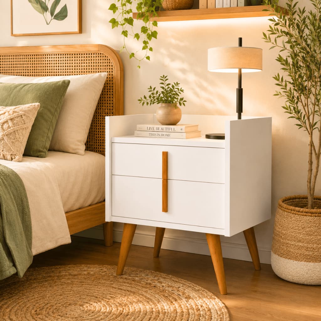*PROMOÇÃO* Mesa de Cabeceira Moderna 1 Porta 1 Gaveta com Corrediça Telescópica e Pés em Madeira
