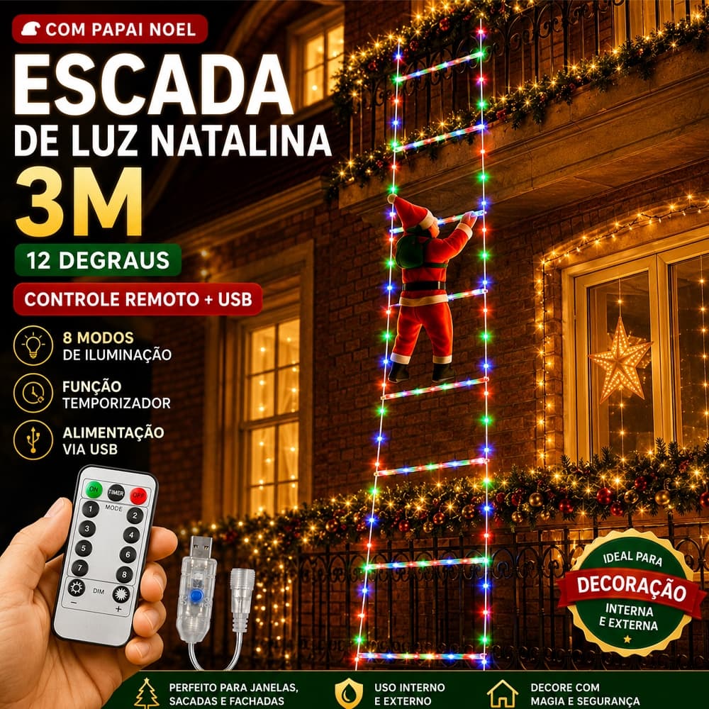 Back Field LED de Papai Noel Luzes Subindo Escadas RGB 3,00 Metros 3 Opções de Cores