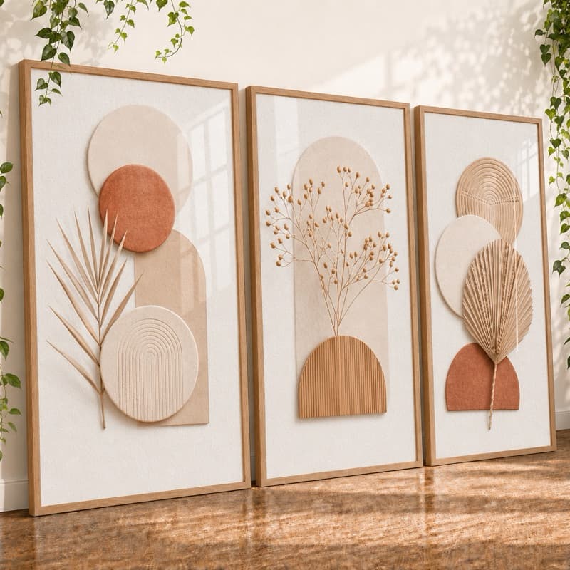 Quadros Decorativos Trio Moderno Boho Terracota Abstrato para Sala Hall