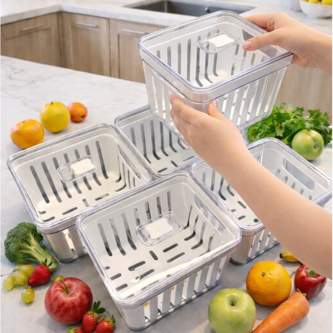 Kit Organizador de Geladeira 3.8 Litros Cesto Com Tampa Multiuso Alimentos Verduras e Vegetais