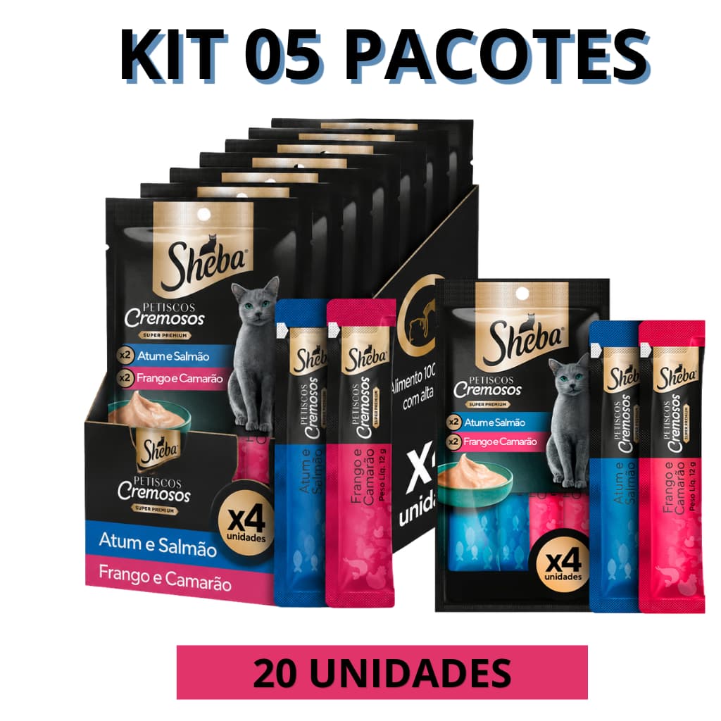 CHURU SNACK SHEBA CREMOSO Atum e Salmão & Frango e Camarão para Gatos (kit 05 pacotes) 4 un cada pacote total 20 un