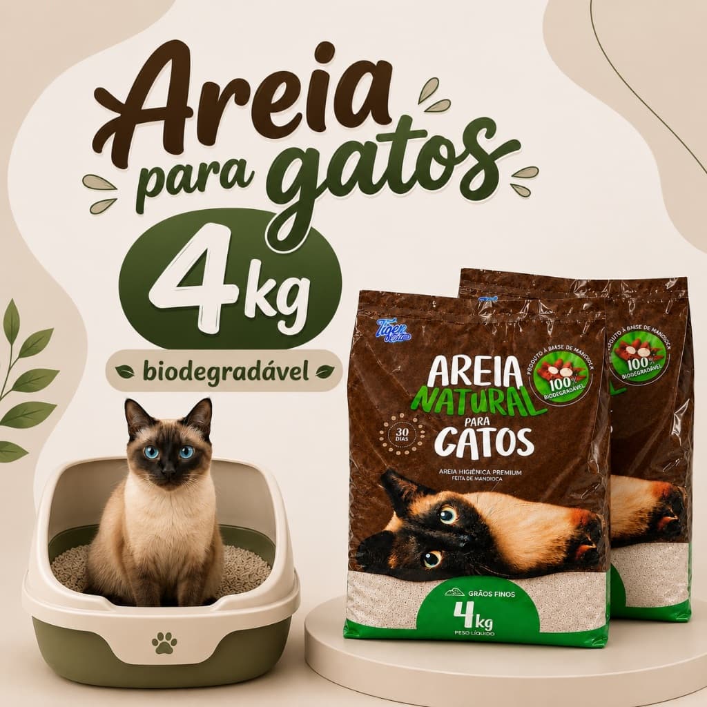 Areia Gato Mandioca Natural Biodegradável Grãos Finos 4Kg Tiger Cats