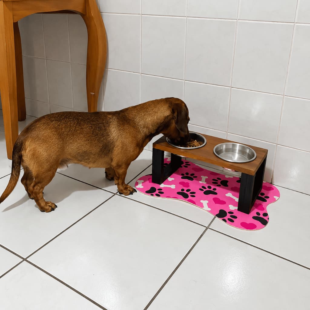 Comedouro Gato Cachorro Cães Pet Duplo Madeira 2 Tigelas Alumínio 400ml Resistente Água