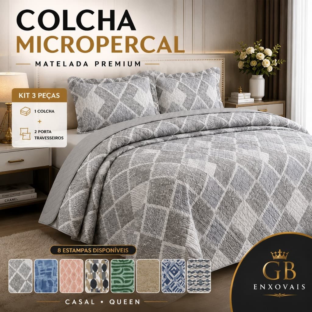 Colcha Cobre Leito Casal Queen Micropercal Matelada Kit 3 Peças GB Premium