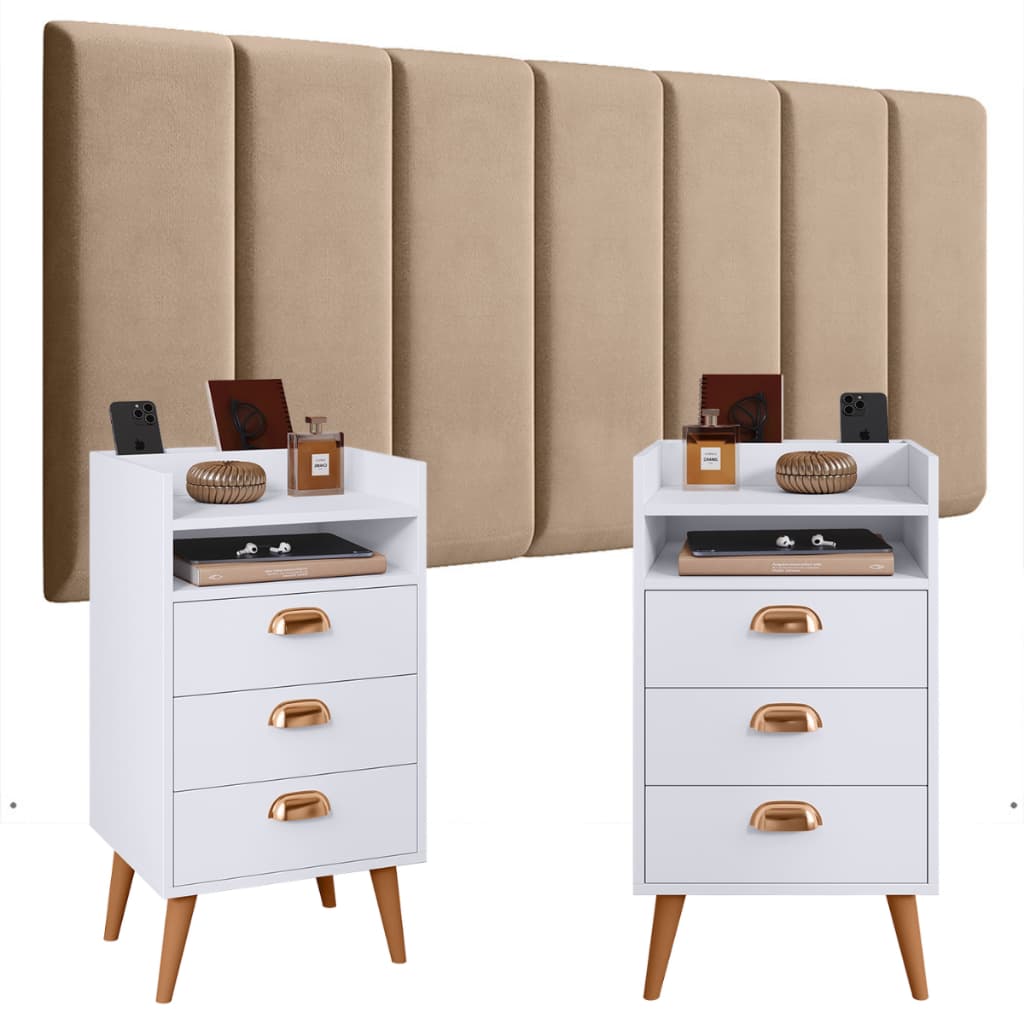 Conjunto Quarto com Cabeceira Casal Modulada com Kit Mesa de Cabeceira HELOÍSA Varias Cores