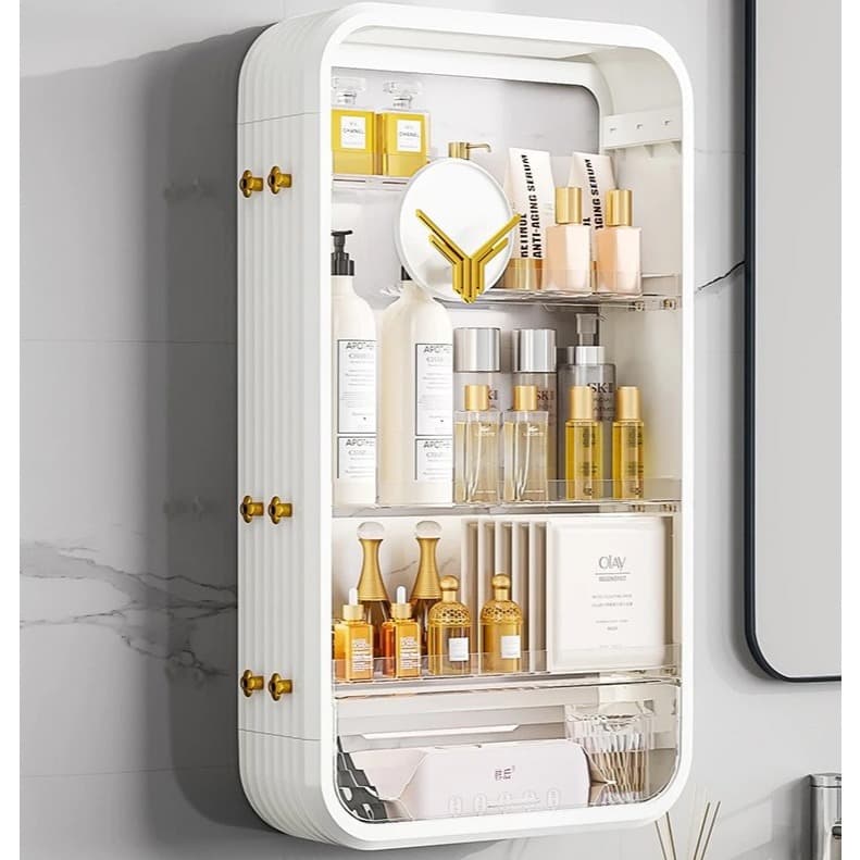Organizador de Banheiro com Porta – Branco com Detalhes Dourados