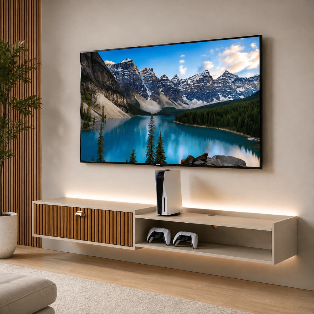 Rack Bancada  1.50cm ou 1.20cm Decoração Sala Estar TV 75 polegadas Nicho Organizador 1 Porta