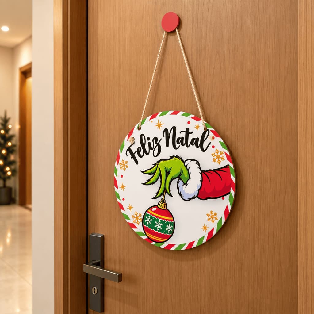 Enfeite de Natal Grinch para Porta de Entrada Placa Redonda Guirlanda Pendurador Decoração Parede