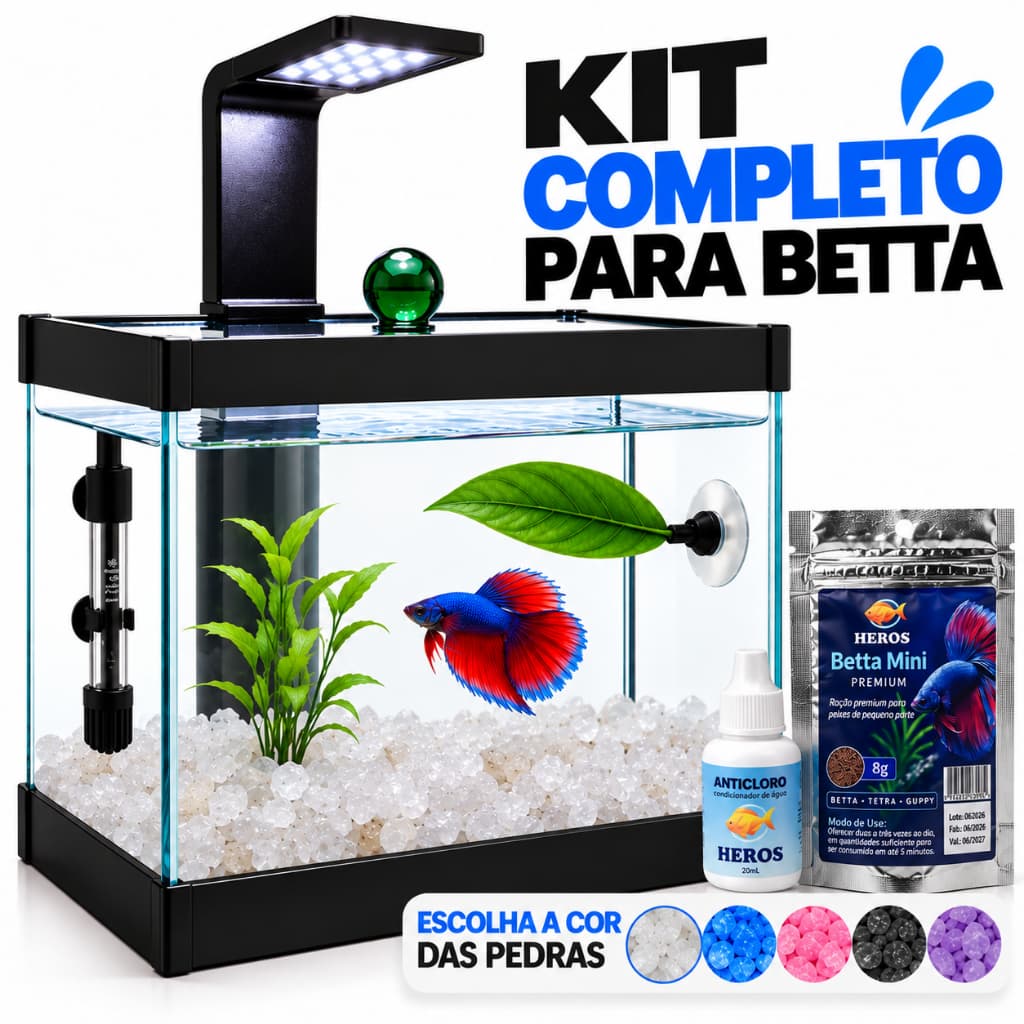 Aquário Completo Beteira - Aquário + Luminária + Decorações+ Ração e Anticloro Betta + Aquecedor Opcional