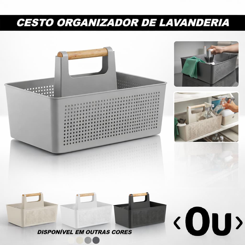 Cesto Organizador Multiuso 8L Flow Com Alça Bambu Lavanderia Limpeza Armário Cozinha Plástico