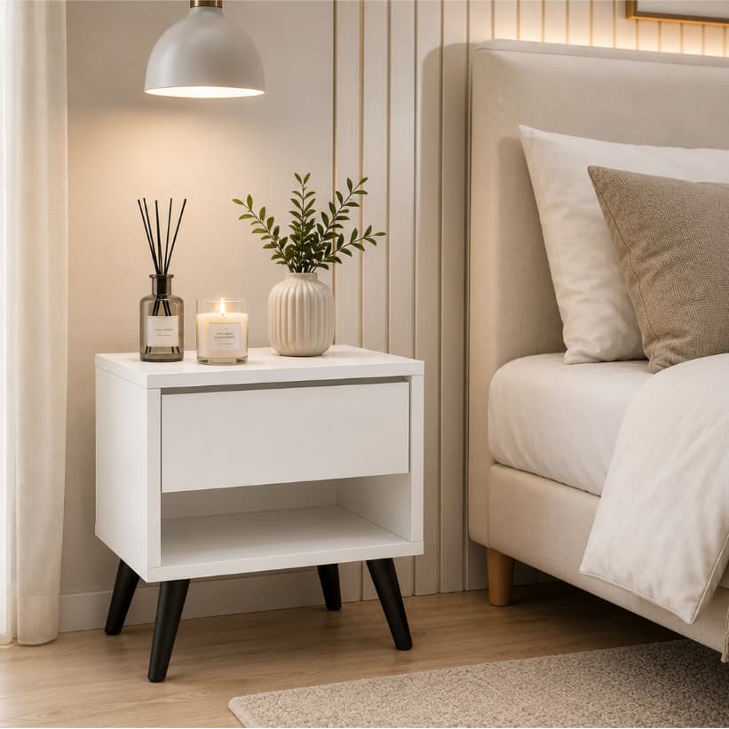 Mesa de cabeceira Nicho com gaveta retrô quarto compacto