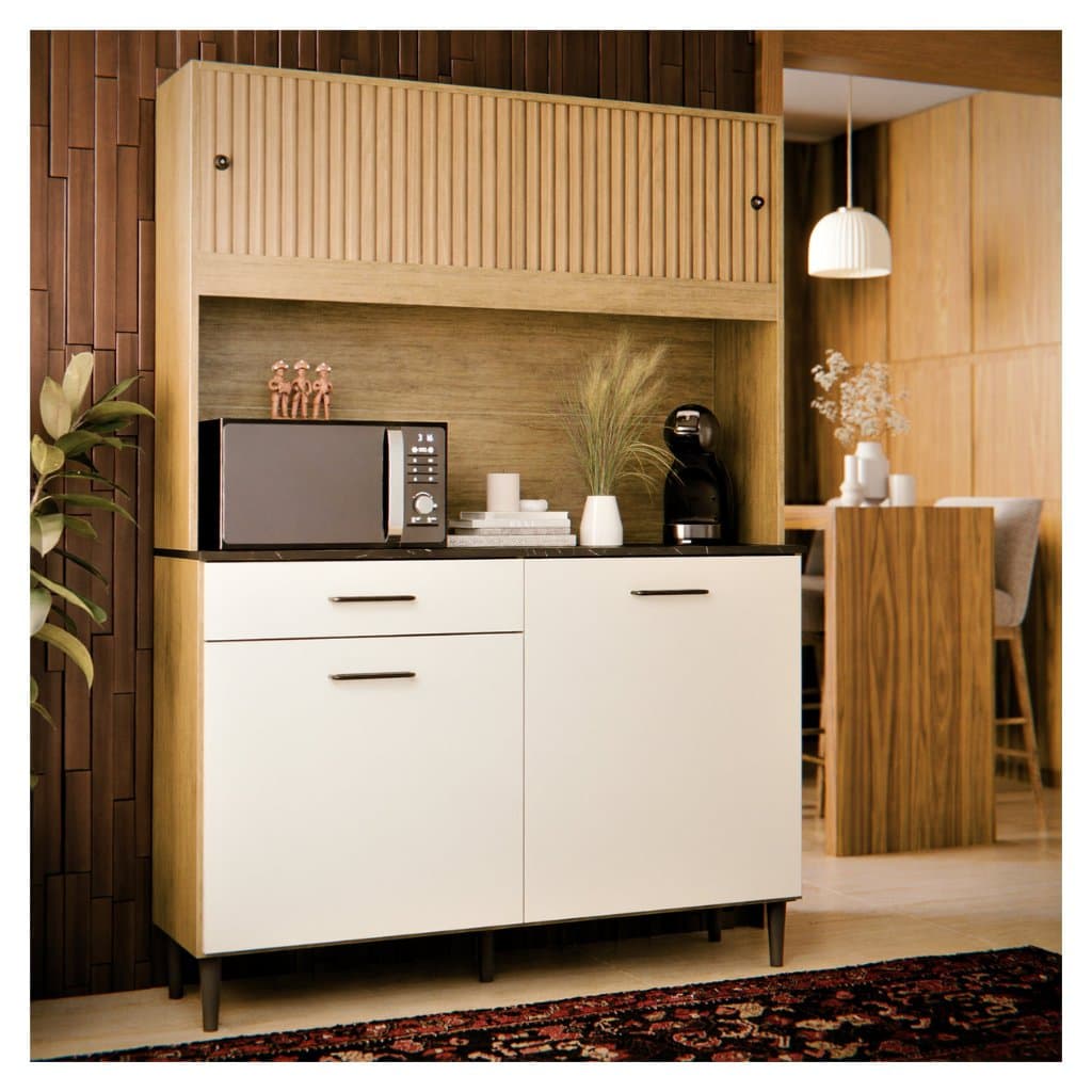 Armário de Cozinha Completo Com 4 Portas e Gaveta Kit De Parede Compacto com Nicho Grazi Ripado 3D