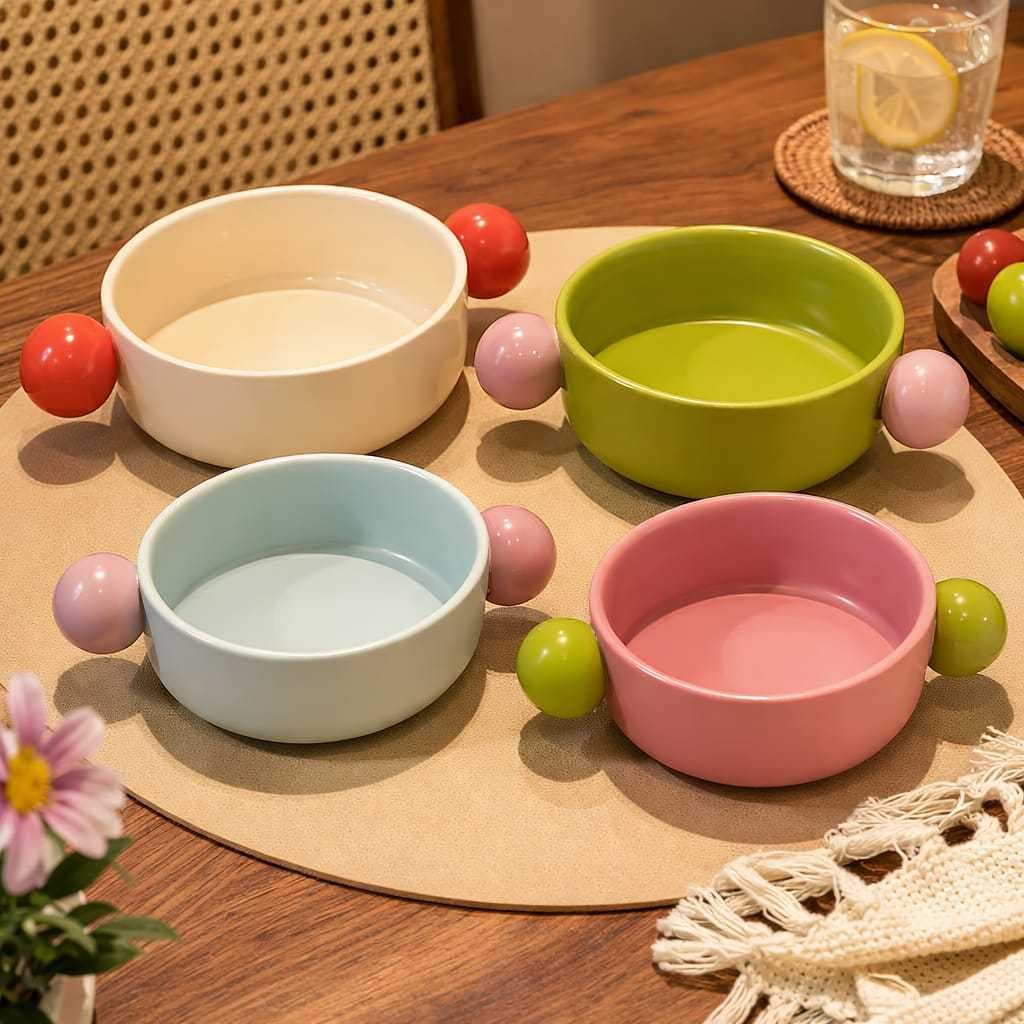 Tigela de Cerâmica Colorida com Alça  Para Servir e Decoração Rosa Verde Bege Azul Mesa Posta Moderno e Minimalista