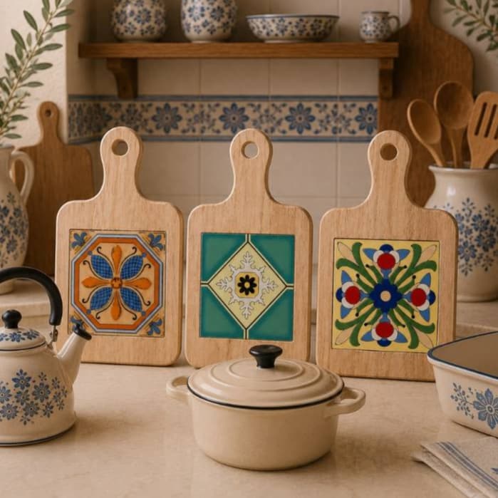 Kit 3 Descansos de Panela em Madeira e Cerâmica | Azulejo Português