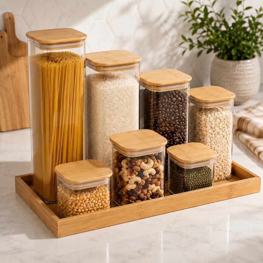 Kit Potes Quadrado  Grande de Vidro com Tampa Bambu Grande Mantimentos