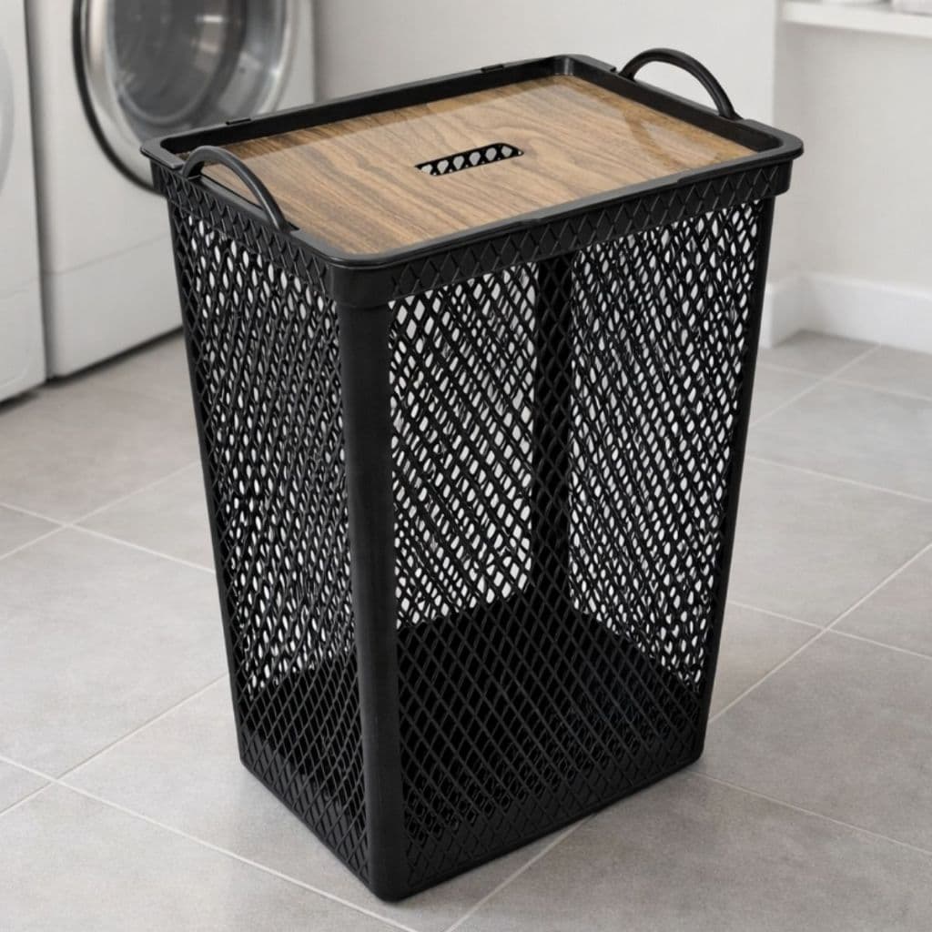 Cesto De Roupa Suja Com Tampa Grande 49L Preto Telado P/ Banheiro Lavanderia De Canto Organizador Multiuso - Plástico