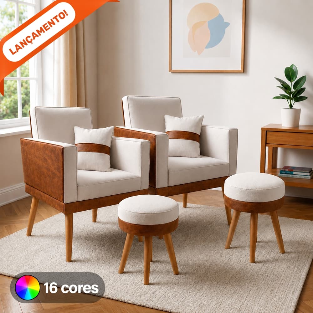 Kit 2 Poltrona Para Sala Decorativa Lis Almofada 2 Puff Redondo Corino Suede