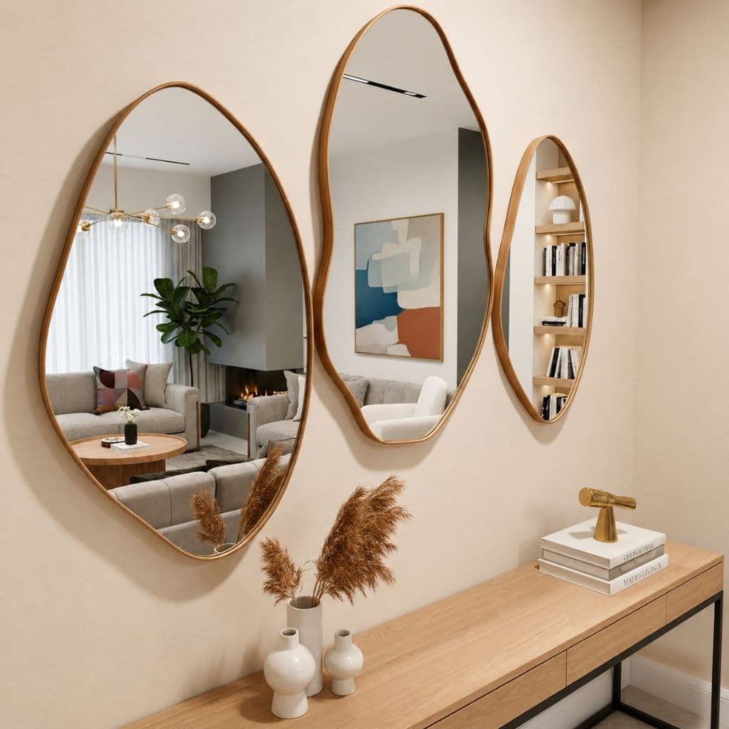 Kit 3 Espelhos Orgânicos Decorativos Parede 60x40 e 70x50 Moldura Couro Reforçado + Suporte Sala Quarto Banheiro