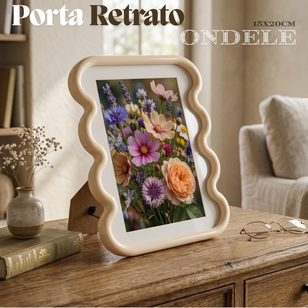 Porta Retrato 15x20cm Com Moldura Mdf Borda Ondulada Com Suporte Cor Bege Decorativo Fotos Wolff