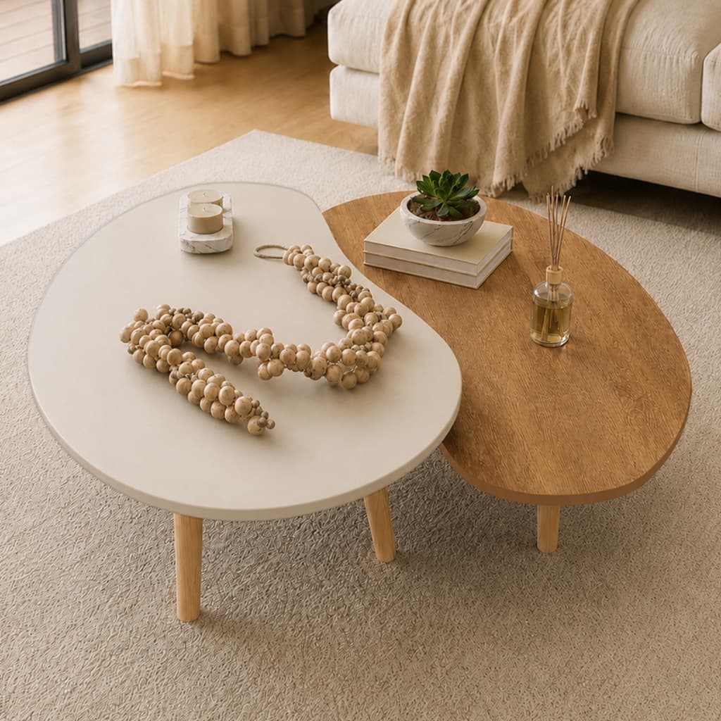 Conjunto mesa de centro sala de estar design orgânico moderna pés palito madeira decoração orgânica