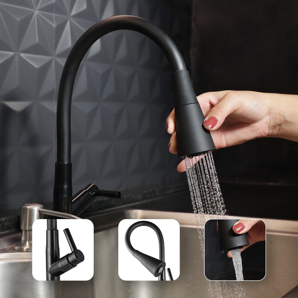 Torneira Gourmet Cozinha Bancada Preta Flexível 2 Jatos ABS Para Pia Mesa Área Gourmet Alta Moderna