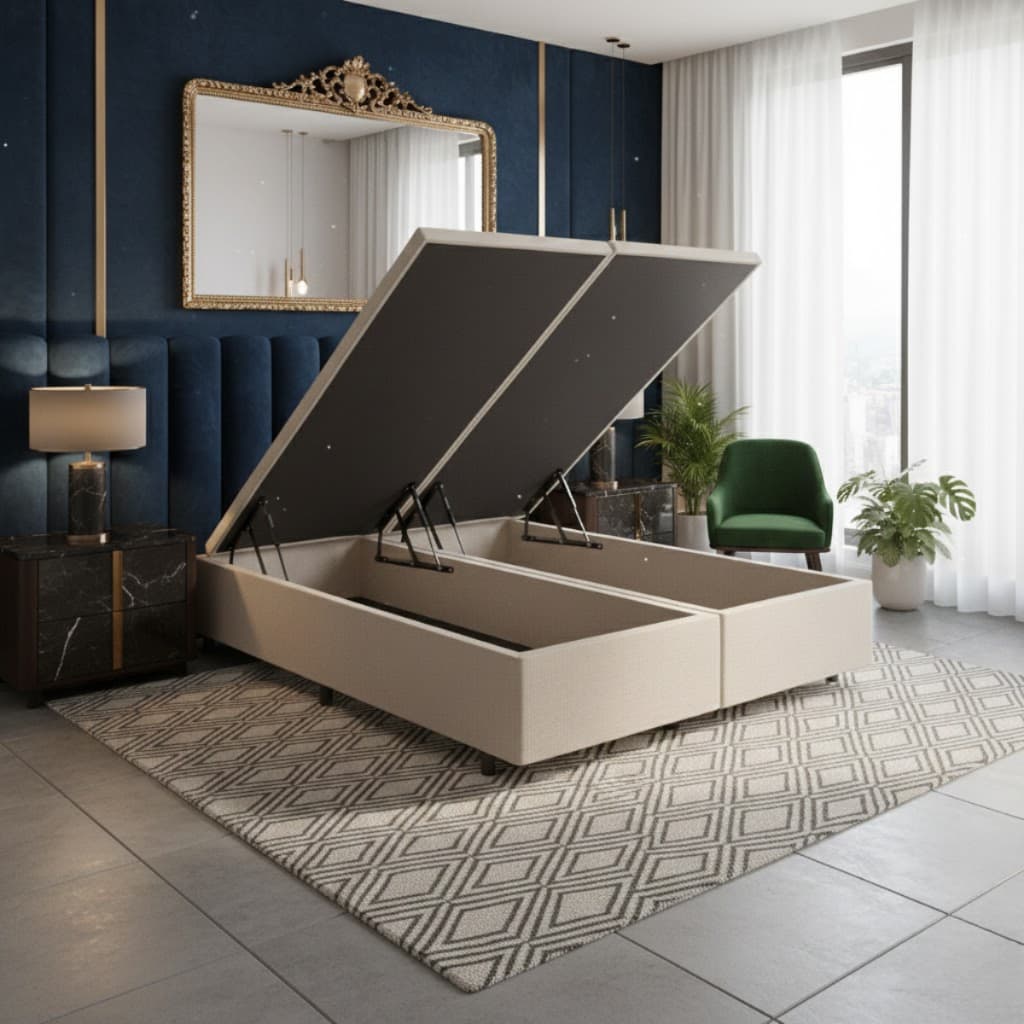 Cama Box Baú Queen 158x198x42cm Courino Linho Areia com Pistão a Gás