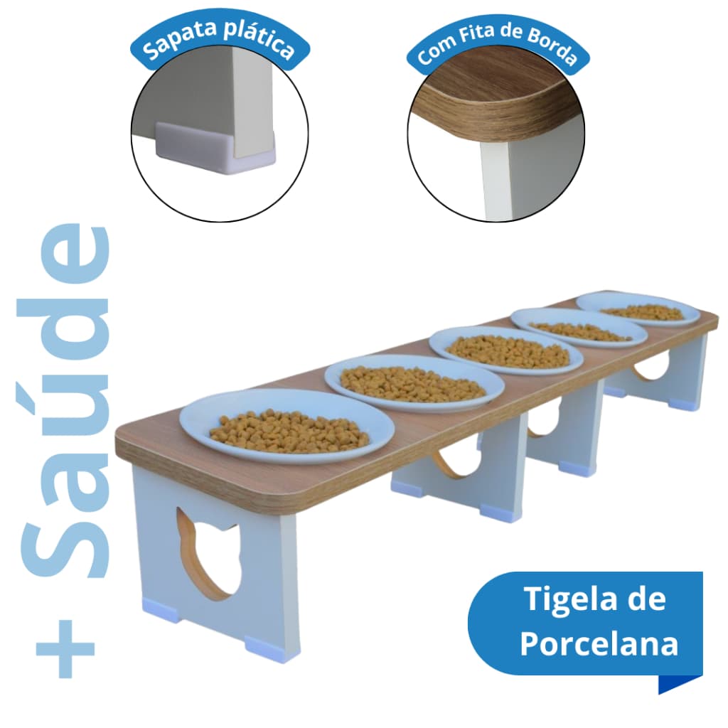 Comedouro Bebedouro Gato Quintuplo PET MDF Elevado Inclinado