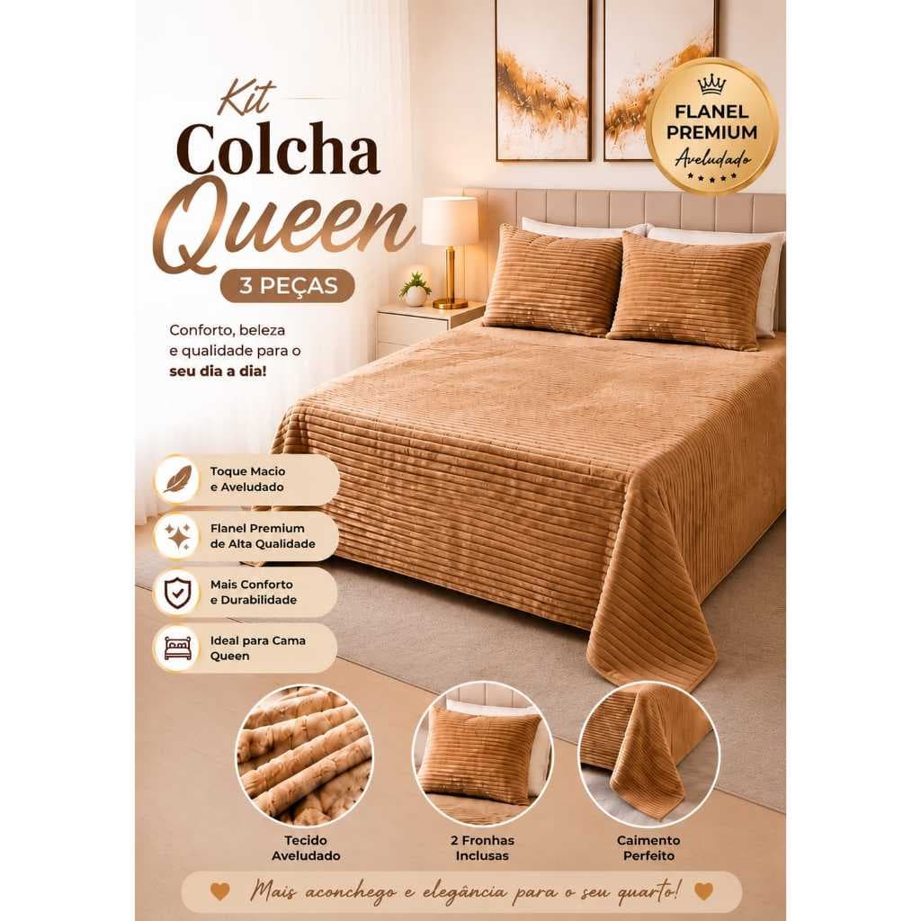 Kit Cobre Leito Colcha Queen 3 Peças , 2 Fronhas – Flannel Premium Aveludado