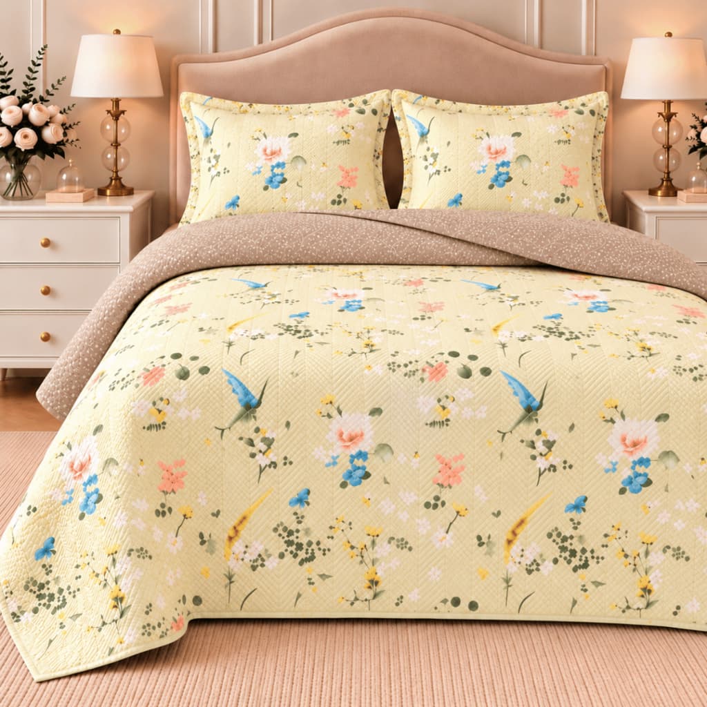 Kit Cobre Leito Colcha King Size Dupla Face Floral 3 Peças Boutis Matelassê Estampada Microfibra