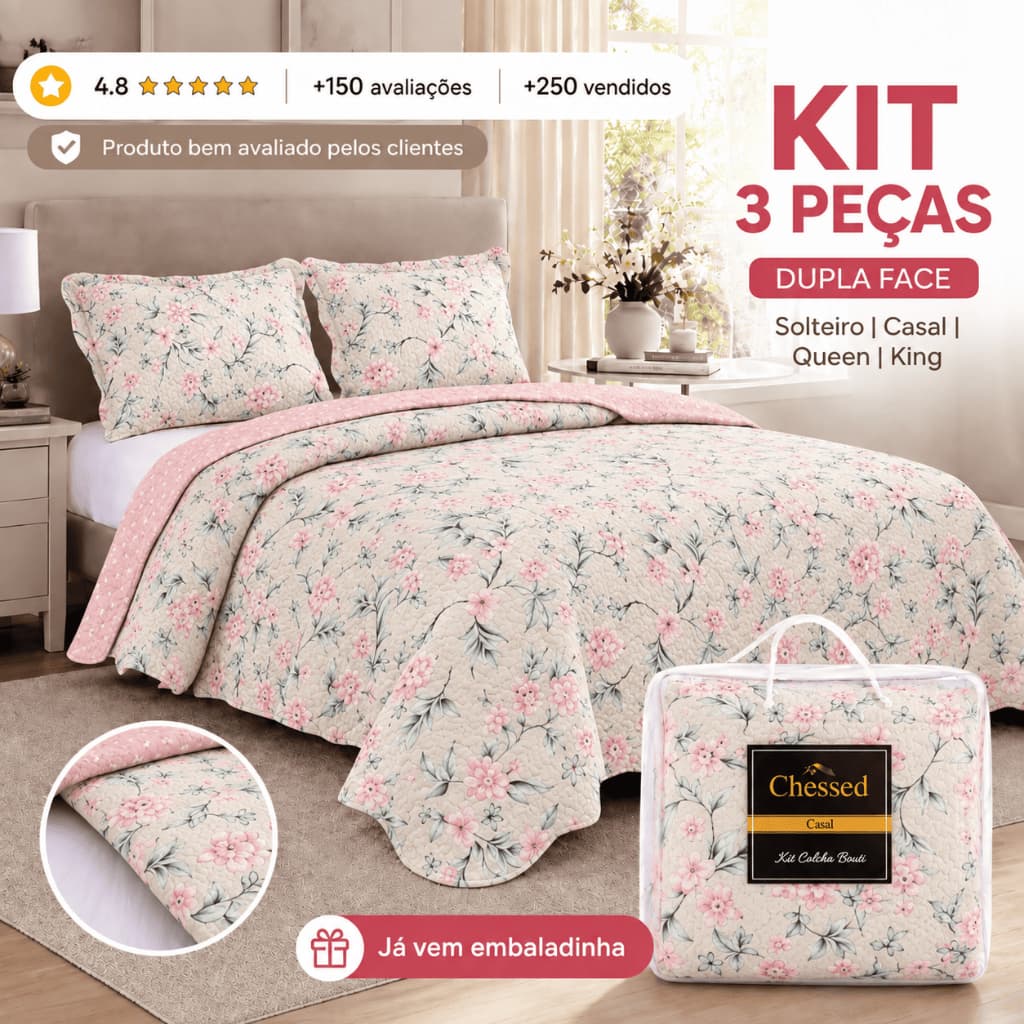 Kit Colcha Cobre Leito 3 Peças King/Queen/Casal/ Solteiro - Cobre Leito Matelado + Duas Fronhas