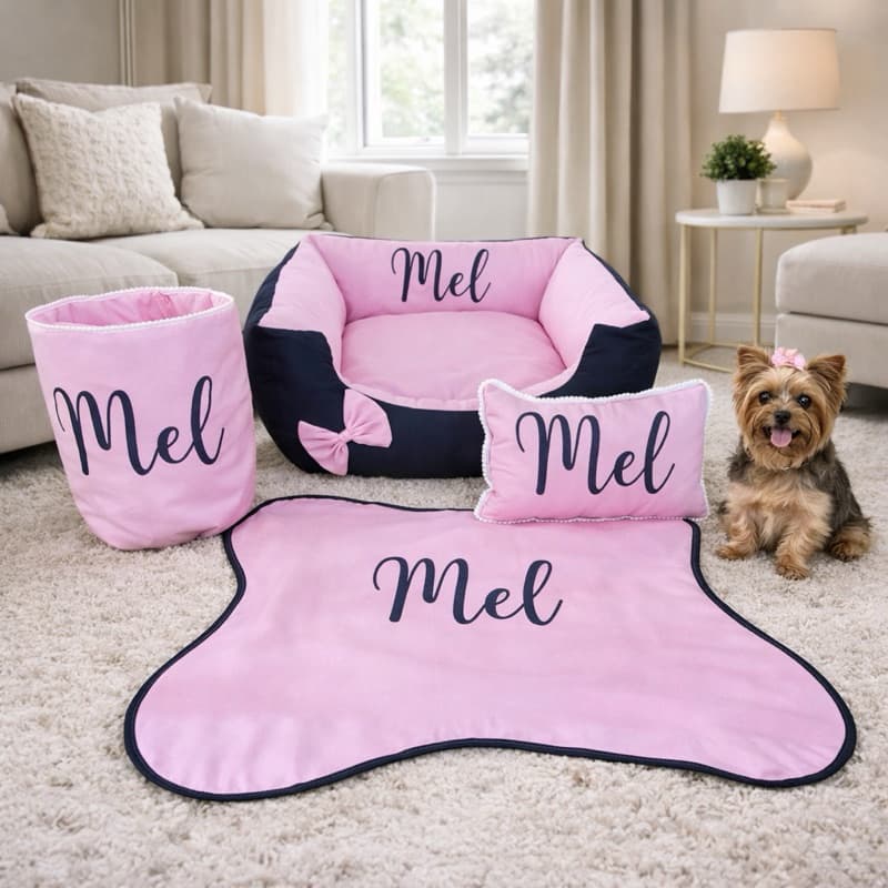 Cama para Pet Cachorro e Gato + cesto organizador + tapete para comedouro +Travesseiro Luxo