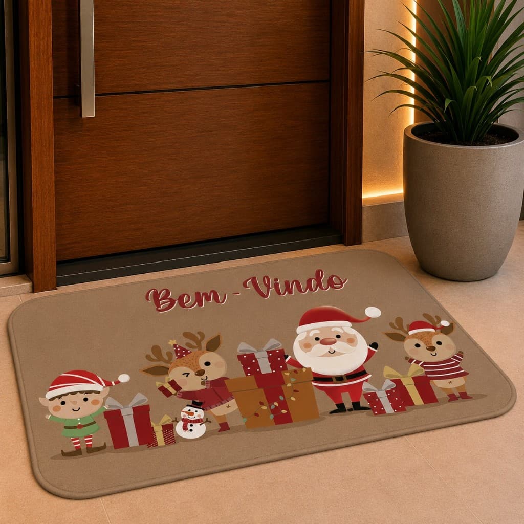 Tapete de Porta Natalino Noel e Animais Antiderrapante Direto de Fabrica.