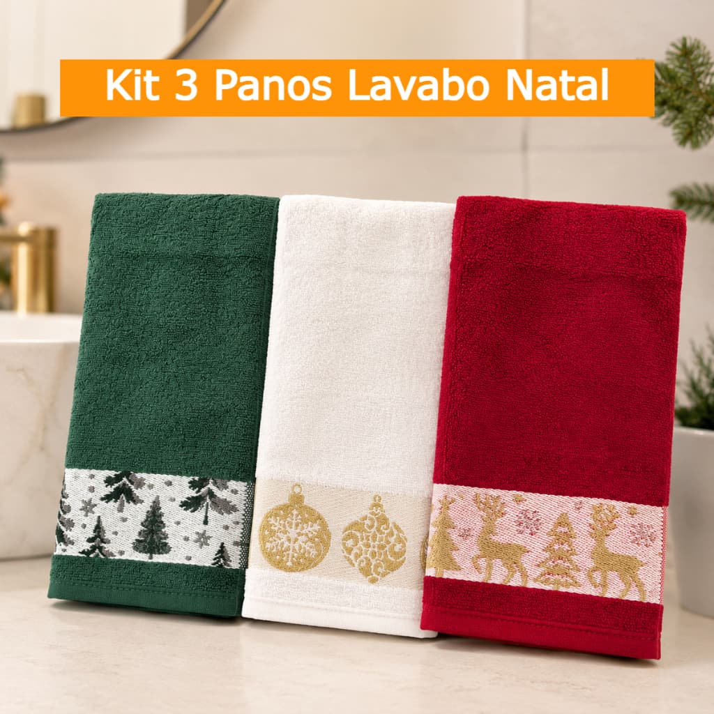 Kit 3 Panos de Natal / Lavabo Natal Estampado 30x50 Atoalhado, Felpudo, 100% Algodão - Cav Home