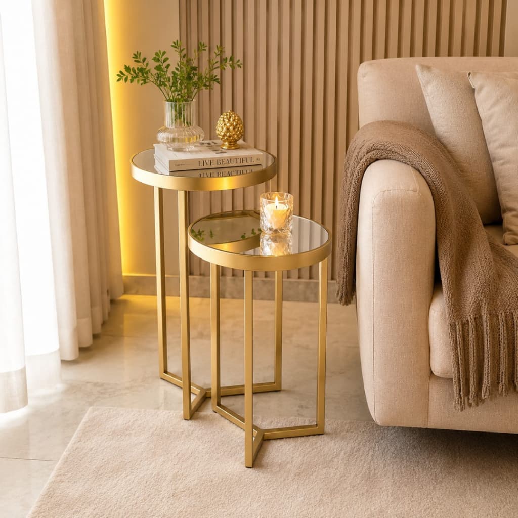 Conjunto De Mesa Lateral Com Espelhos Para Decoração Sala Luxo