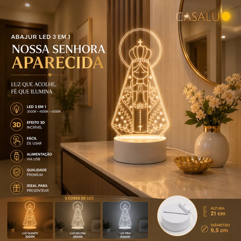 Luminária de Mesa LED Nossa Senhora Aparecida com Design 3D em Acrílico 3 Em 1 Luz Noturno
