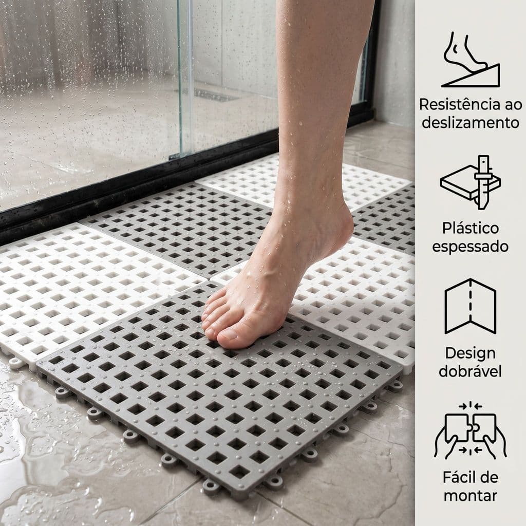 Tapete Box Banheiro Antiderrapante Kit 4, 6 ou 9 Peças - Escolha pelo Tamanho do Box - Emborrachado Lavável Encaixe