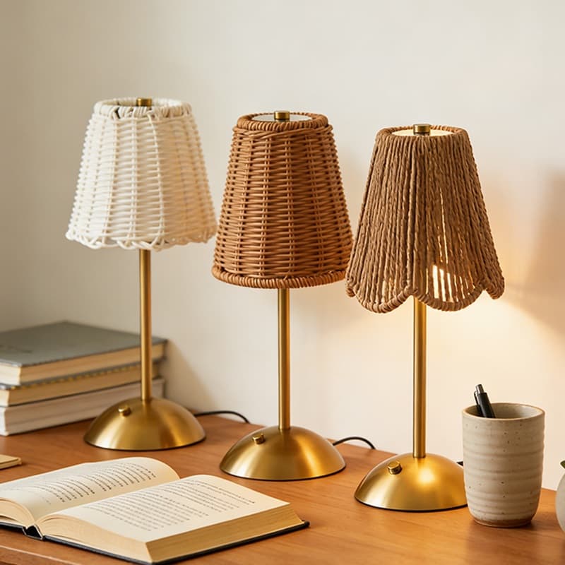 Candeeiro De Mesa Boho Rattan , Luzes Noturnas De Leitura Recarregáveis LED , Lâmpadas Reguláveis Com Controle De Toque
