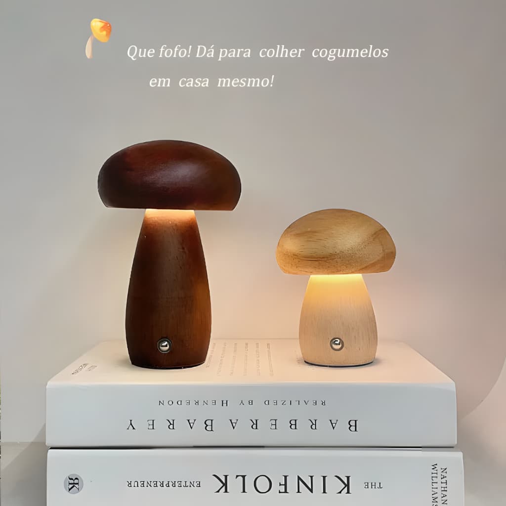 Candeeiro de Mesa em Madeira Maciça - Formato Cogumelo, Brilho Ajustável por Toque Contínuo