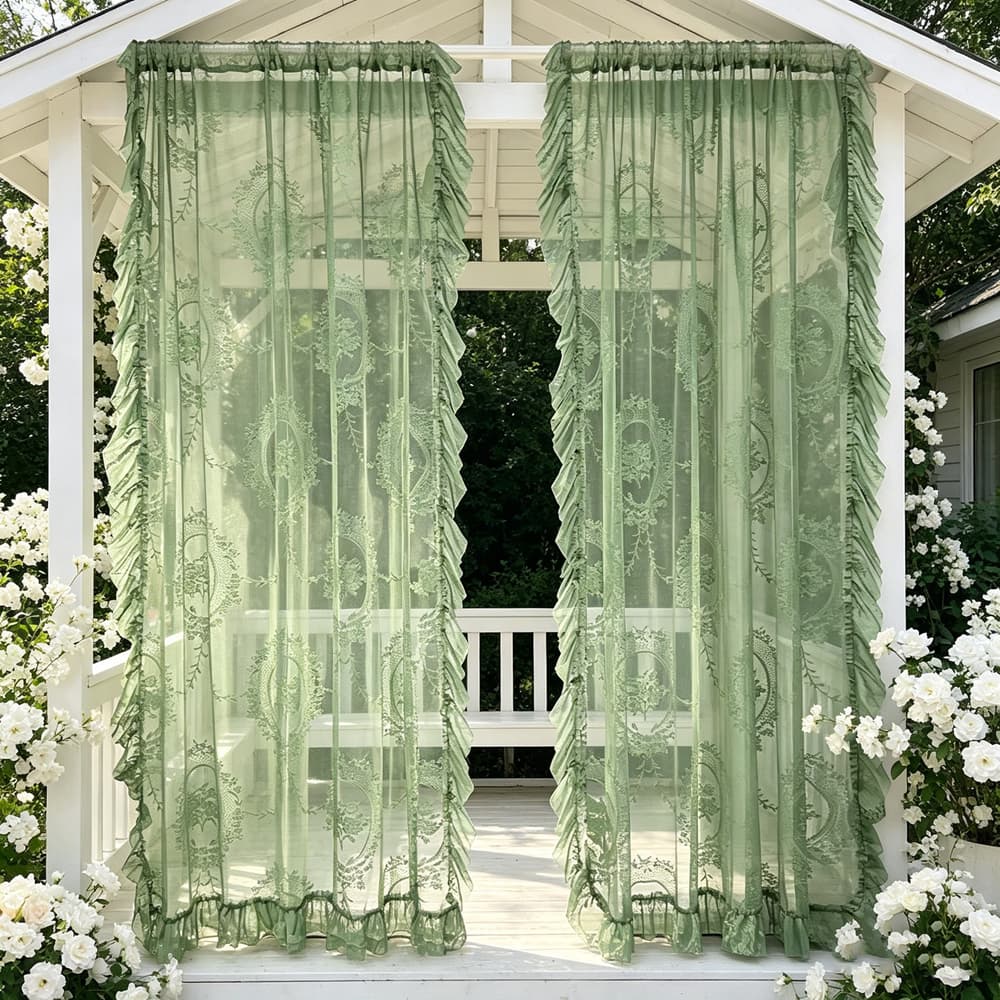 Cortina Transparente Com Babados Florais Verdes Estilo Romântico Francês , Curta De Renda Tecida Em Malha , Valência De