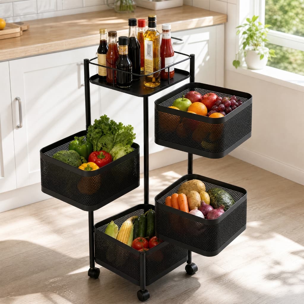 Fruteira De Chão 4 Cestos Articulados Metal Cozinha Organizador Vertical Com Rodinhas