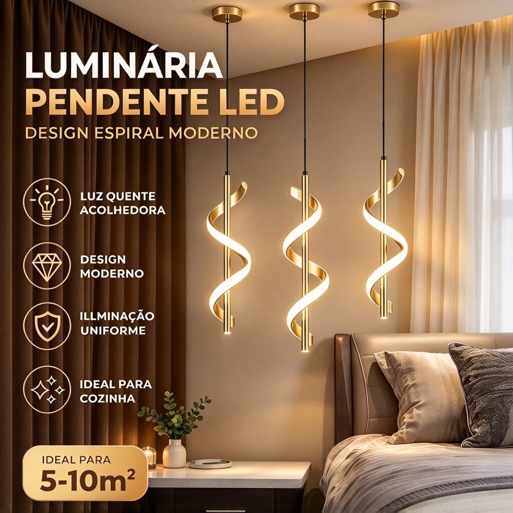 Lustre Pendente LED Minimalista Moderno, 3 Cores em 1 Luz, Decoração Dourada para Sala Quarto e Cozinha