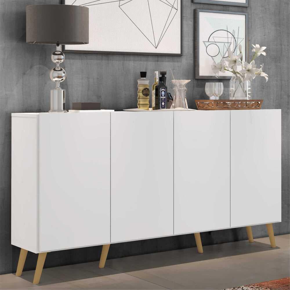 Aparador Buffet Balcão 4 Portas com Pés Retrô Multiuso Veneza Multimóveis Branco/Natural