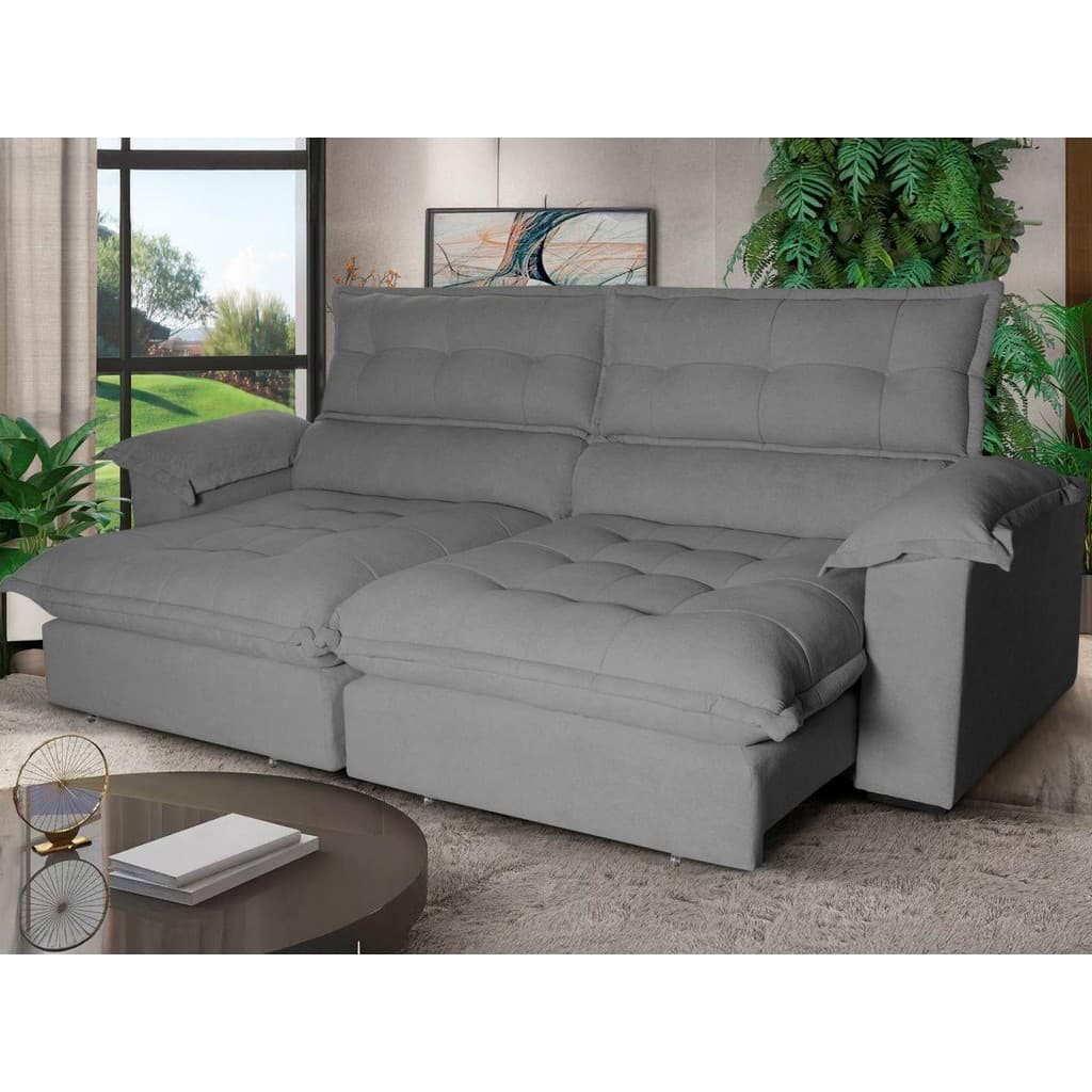 Sofá Retrátil Reclinável Aconchego 2,30m Bouclê Cinza