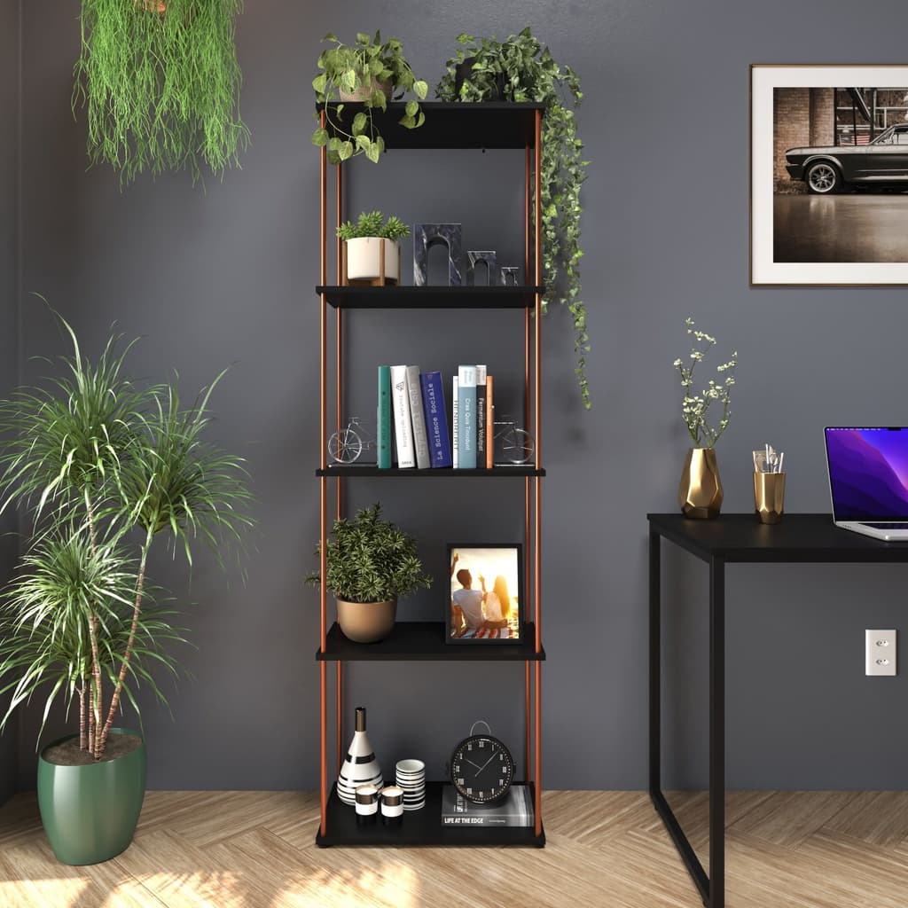 Estante Livreiro Estilo Industrial Adega Metal E Madeira Tubo e MDF 5 Prateleiras Super Moderna Estilo Nórdico Favorito
