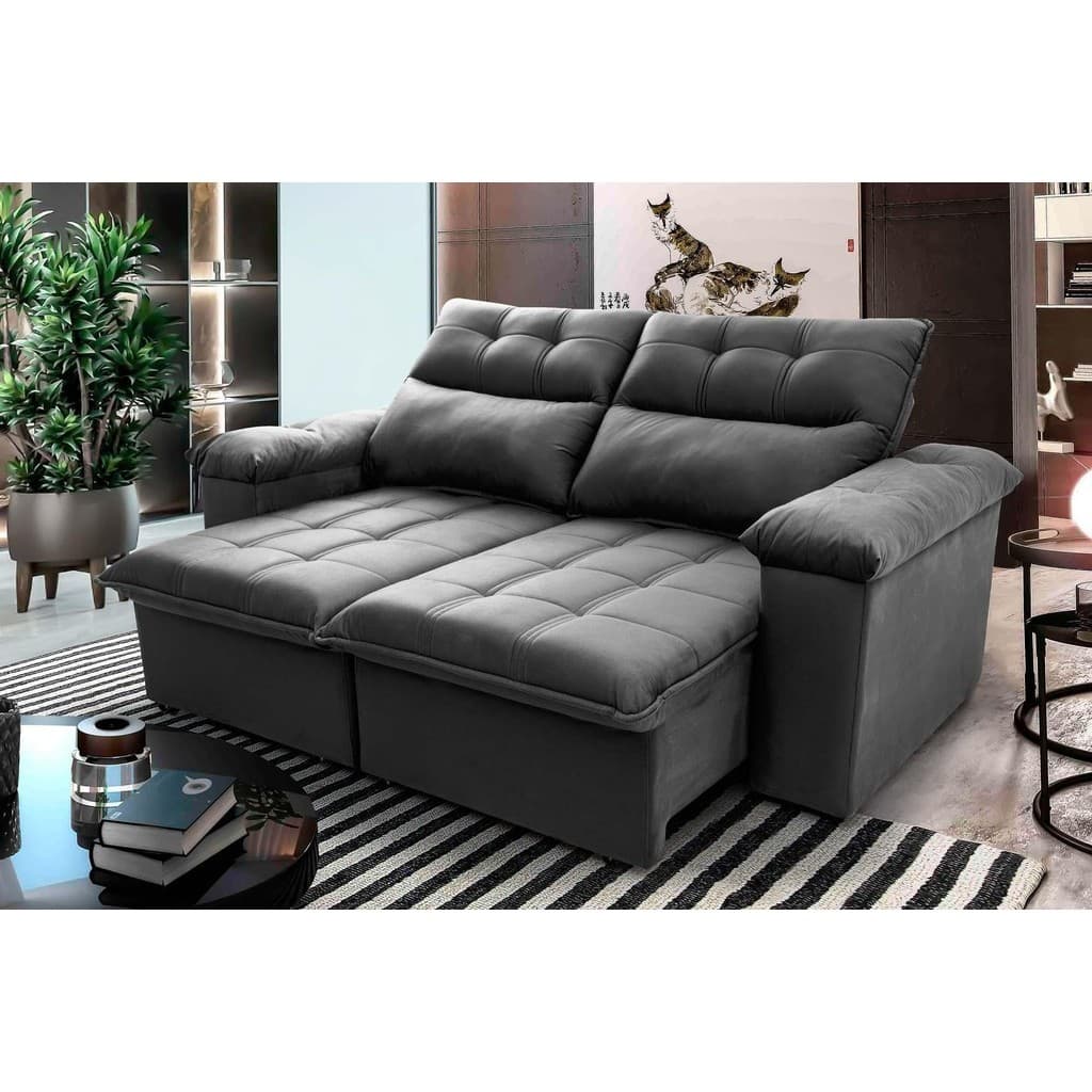 Sofá Retrátil Reclinável Verona 2,00m Suede Velut Cinza  Molas no Assento - King House