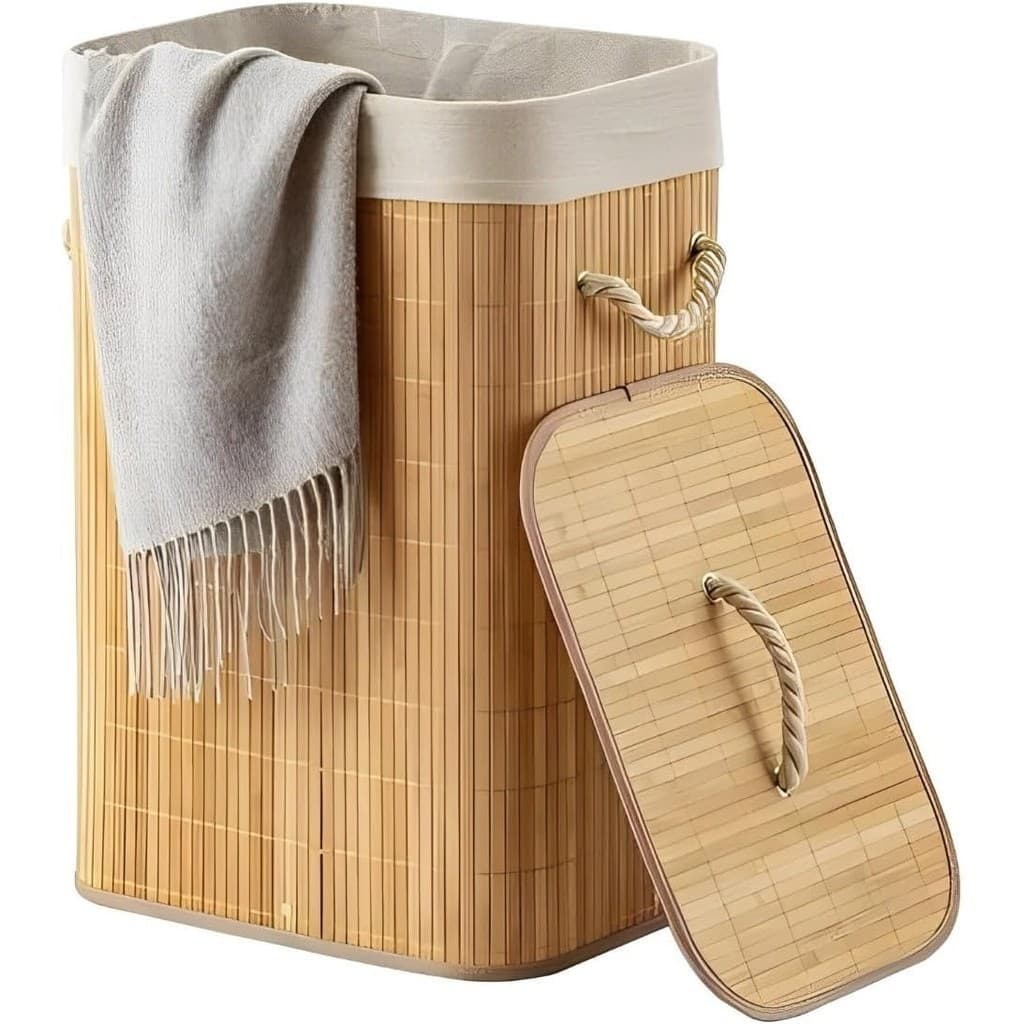 Cesto De Roupa Suja Bambu Dobravel Organizador 72L Forrado Banheiro 60cm Grande Cesto Retangular