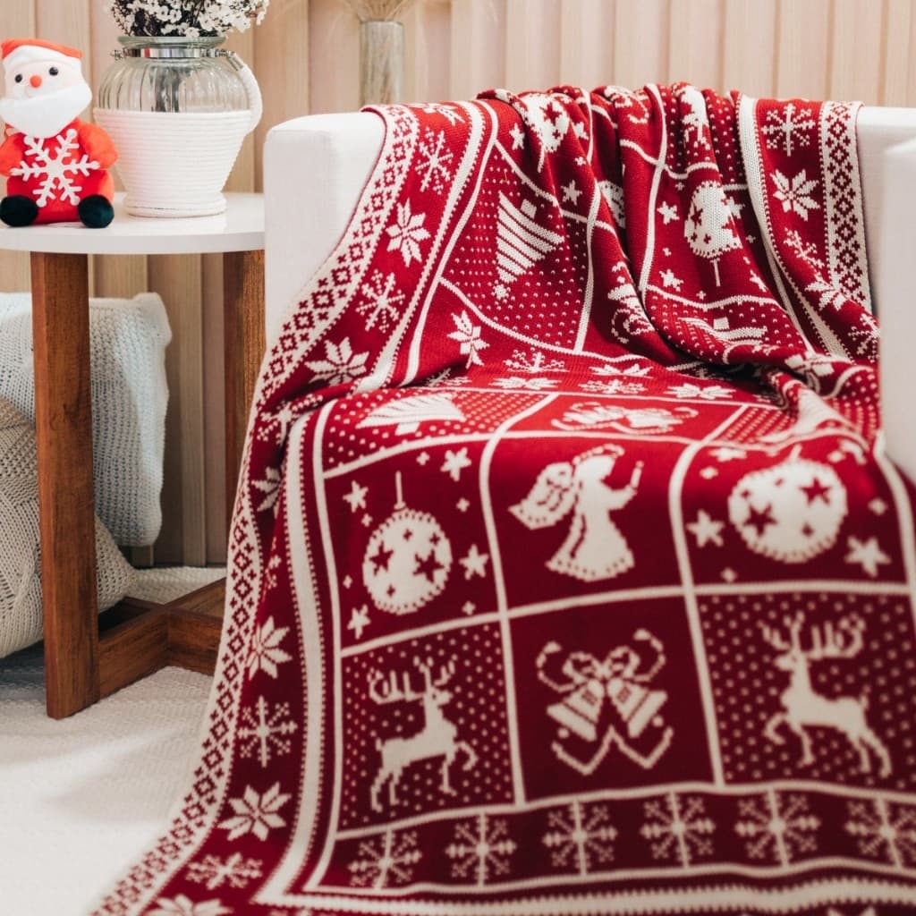 Manta Natalina Decorativa Tricot Macia Desenho com Árvore de Natal 155x95cm Dupla Face