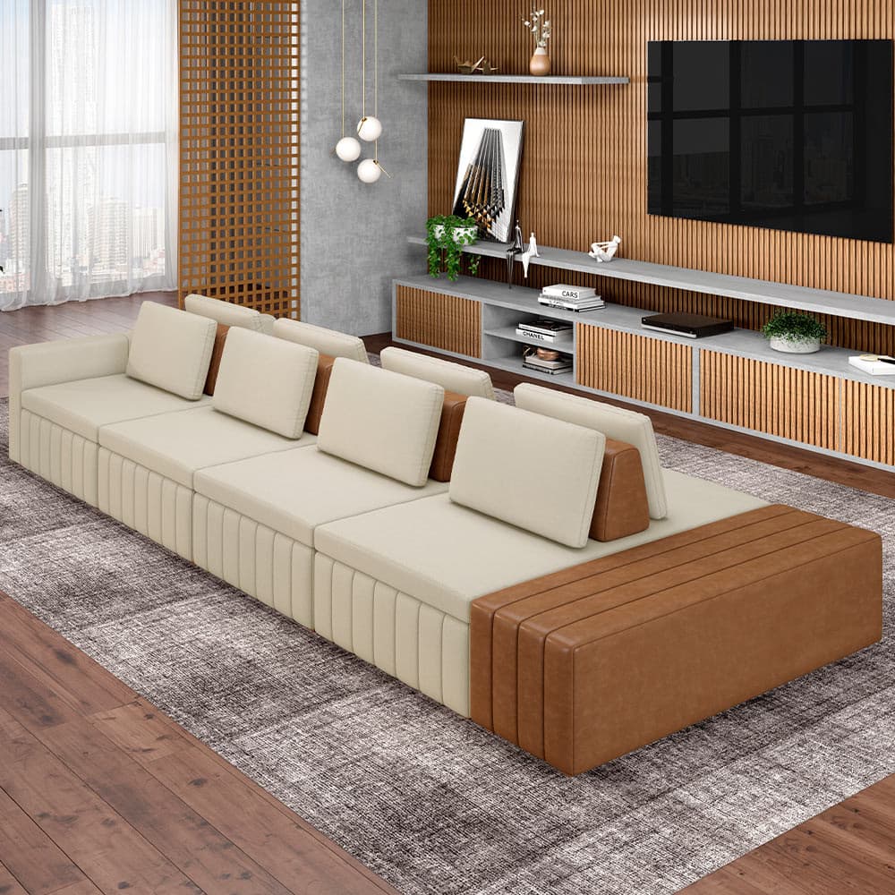 Sofá Ilha com Puff para Sala Living 465cm Amber M03 Linho Cru Couríssimo Whisky - Lyam Decor