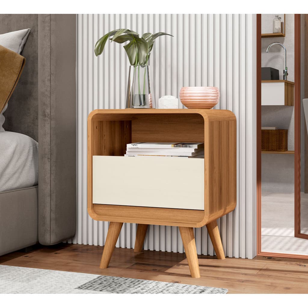 Mesa de Cabeceira Lateral Criado Quarto Retrô Compacta 1 Gaveta 1 Nicho Channel - Potenza