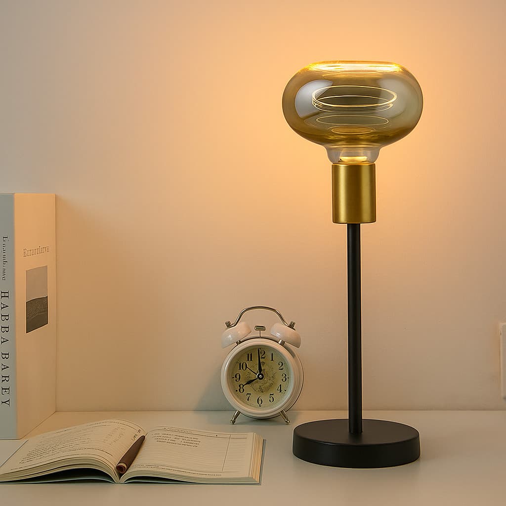 Luminária de Mesa Decorativa Preta e Dourada E27 Bivolt LED Âmbar 6W Base Estável